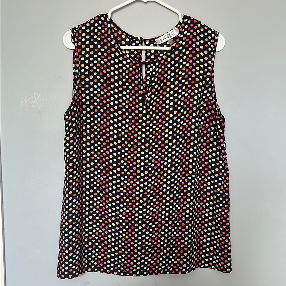 Women’s Kasper Black Sleeveless Blouse with Colorful Dots size L